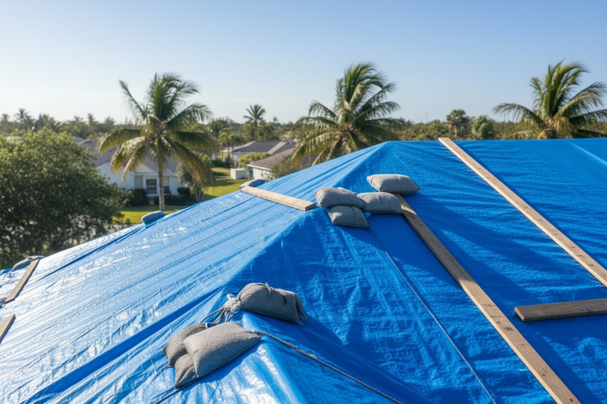 blue poly tarps covering a roof of a house a subdivision in Florida