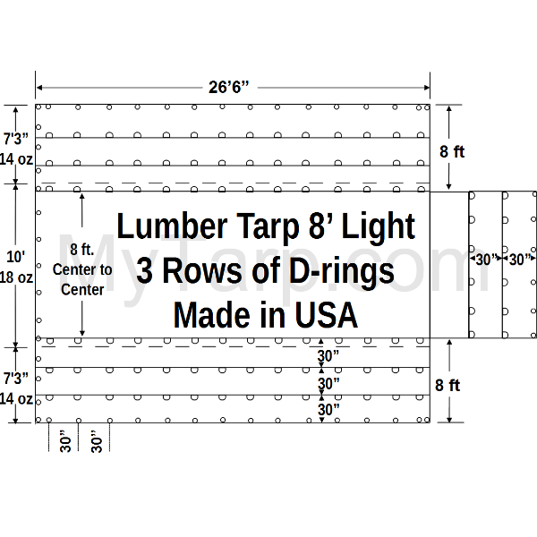 8' Drop Flatbed Lumber Tarp Lightweight 27' x 24' - 18/14 oz Vinyl - Made in USA