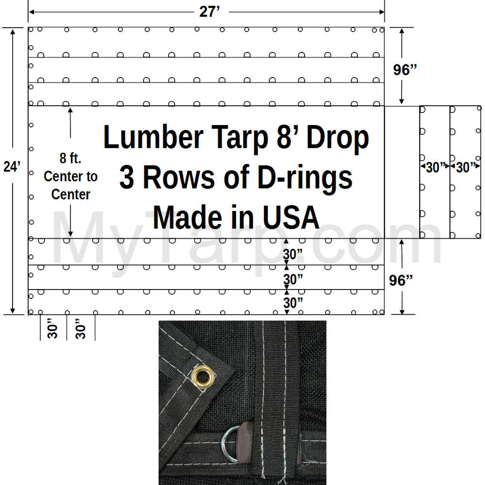 Sigman Bee Tarp Black Mesh 8' Drop Flatbed Lumber Tarp 27' x 24' - 3 Rows D-Rings - Made in USA