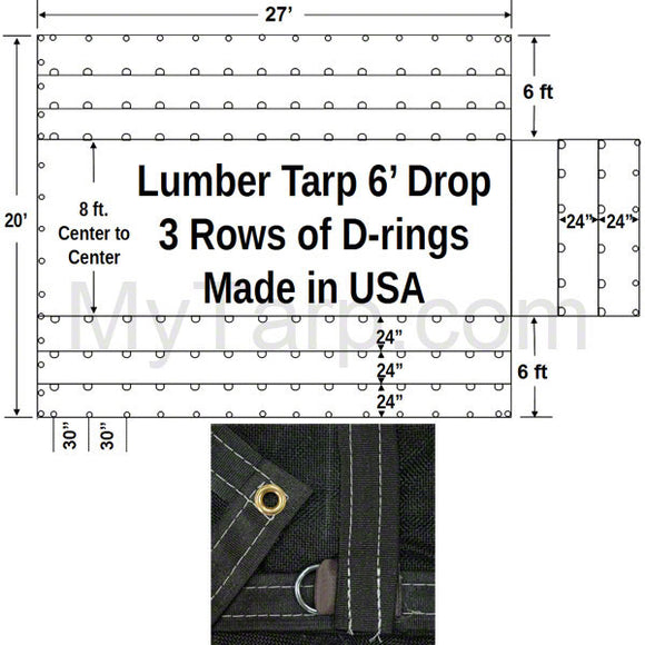 Sigman Bee Tarp Black Mesh 6' Drop Flatbed Lumber Tarp 27' x 20' - 3 Rows D-Rings - Made in USA