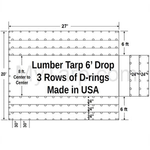 Sigman 6' Drop Lightweight Flatbed Lumber Tarp 27' x 20' - Airbag Fabric Side Walls - 3 Rows D-Rings - Made in USA