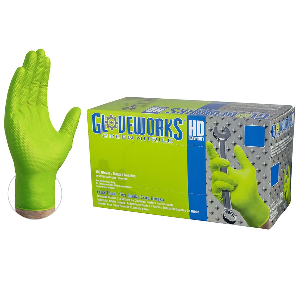 Clearance - Gloveworks Green Nitrile Gloves Disposable Heavy Duty - Latex Free Gloves - Powder Free - 100-Pack - GWGN